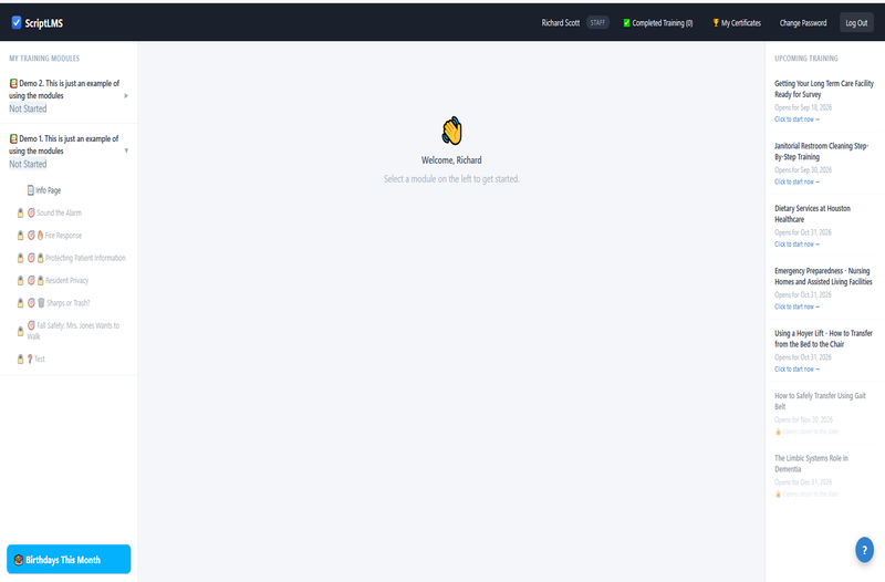 ScriptLMS staff portal with a training module opened and later steps locked until earlier ones are done